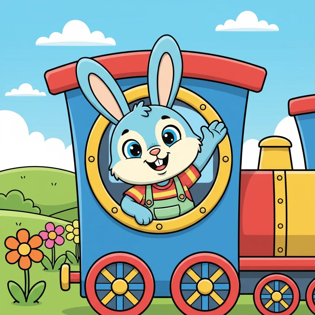 Suddenly, a friendly rabbit with long, floppy ears popped its head out of the train's window. "Hello!" called the rabbit, waving a paw. "Would you like to try something new? You can drive my train!"