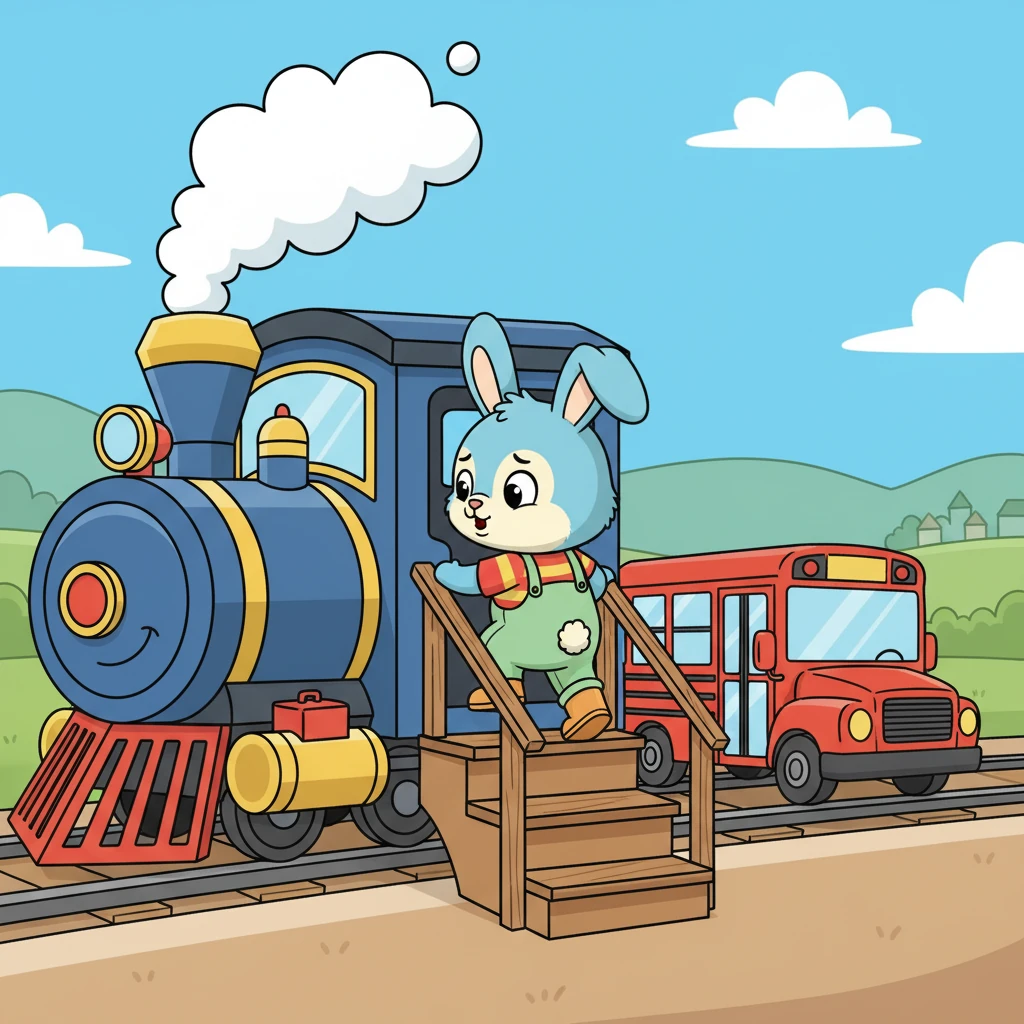 Benny felt a little nervous. He loved his bus so much, and the train looked so big and different. But with a brave gulp, he carefully climbed the steps into the train's cozy cabin, leaving his red bus waiting patiently.