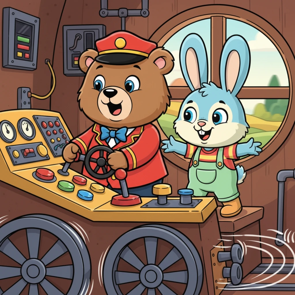 Inside, the kind rabbit showed Benny all the shiny levers and buttons. With a gentle push, the train began to move! Clickety-clack, clickety-clack went the wheels, and Benny's worried face slowly turned into a surprised smile.