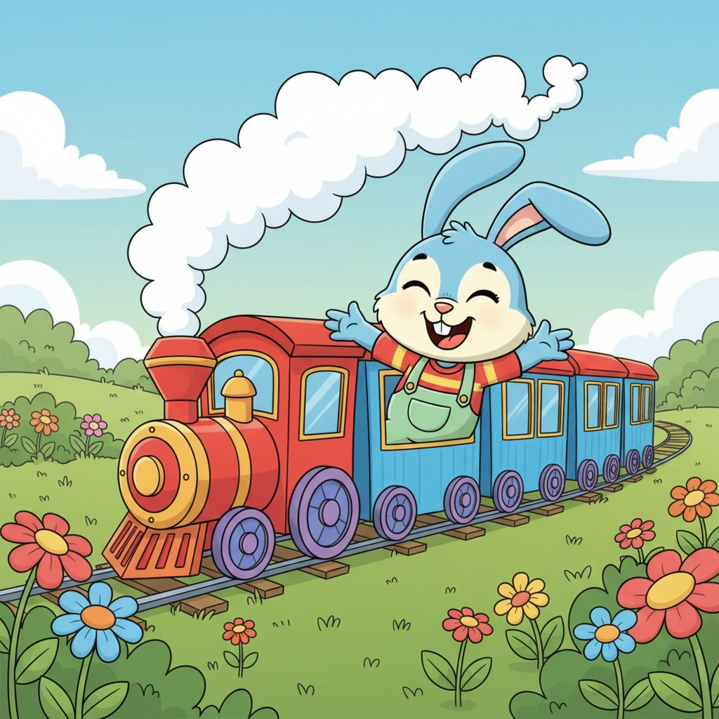 Benny laughed with pure delight as the train swayed gently from side to side, chugging through the beautiful meadow. He discovered that trains were wonderful too, and he loved the choo choo sound of its whistle!