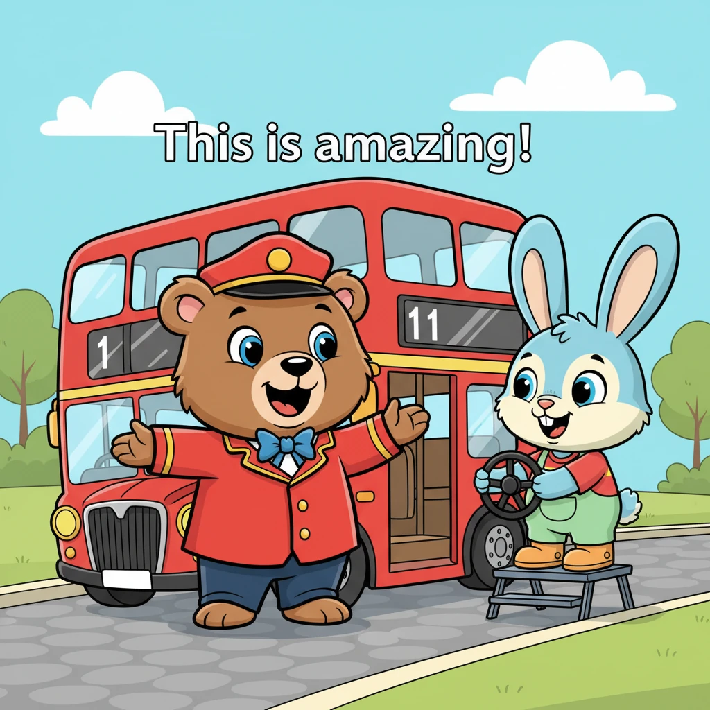 "This is amazing!" Benny exclaimed, his eyes sparkling. He turned to the rabbit with a brilliant idea. "Would you like to try my bus? You can drive it!"