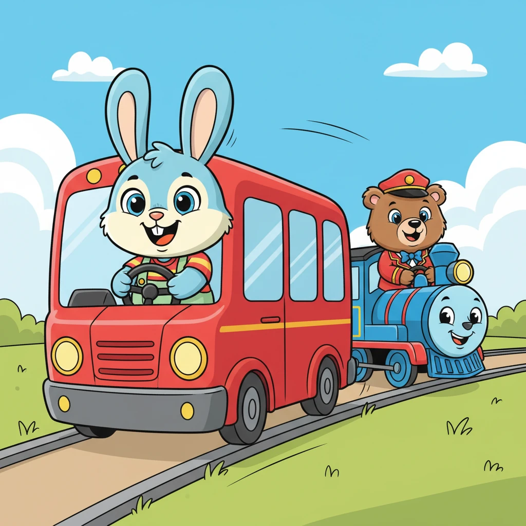 The rabbit's eyes grew wide with excitement, even bigger than Benny's. "Oh, could I really?" he squeaked with joy. Soon, the rabbit was happily driving the red bus—beep beep!—while Benny drove the blue train—choo choo!