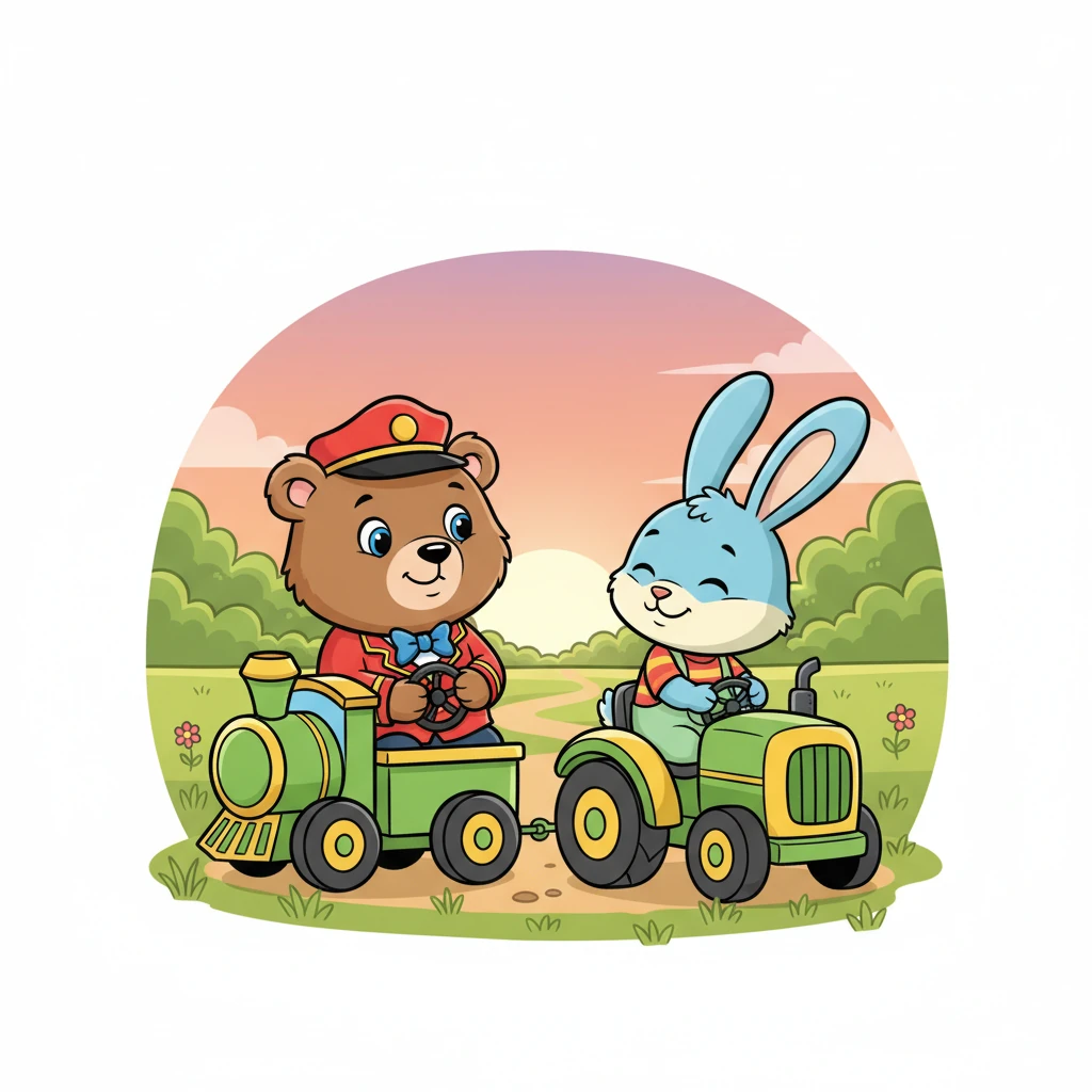 As the sun began to dip below the trees, painting the sky in soft pinks and purples, Benny and the rabbit parked their vehicles side by side. "Thank you for sharing your train," said Benny with a sleepy smile. "Trying something new was wonderful."