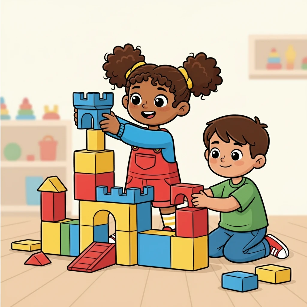First, Leïla and Leo built a magnificent castle out of colorful blocks. Leo carefully placed the turrets, while Leïla added a drawbridge. They pretended to be brave knights defending their kingdom from imaginary dragons.
