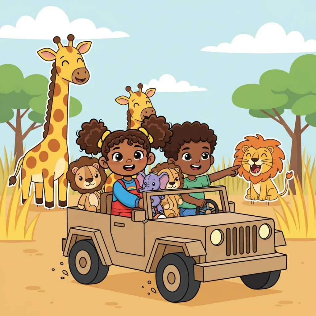 Next, the twins decided to go on a safari adventure with their stuffed animal friends. Leïla drove the toy jeep, while Leo pointed out the 'wild animals' like a playful giraffe and a roaring lion.