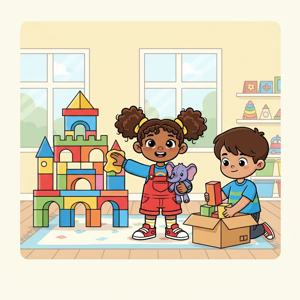 They started by putting the blocks back in their box. Leo carefully stacked them, while Leïla wiped down the castle. They worked together, making sure each block found its place.