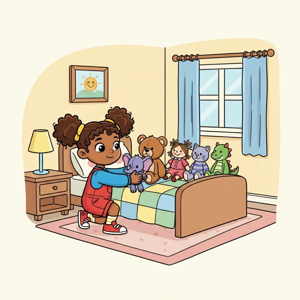 Next, they gathered their stuffed animal friends and placed them neatly on the bed. They carefully arranged the dolls and teddy bears for a bedtime story.