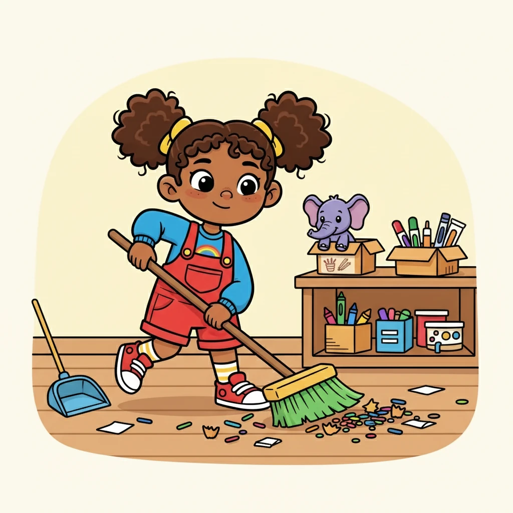 Then, they collected all the art supplies and put them back in their respective boxes. They swept the floor, removing the crayon shavings and paper scraps.