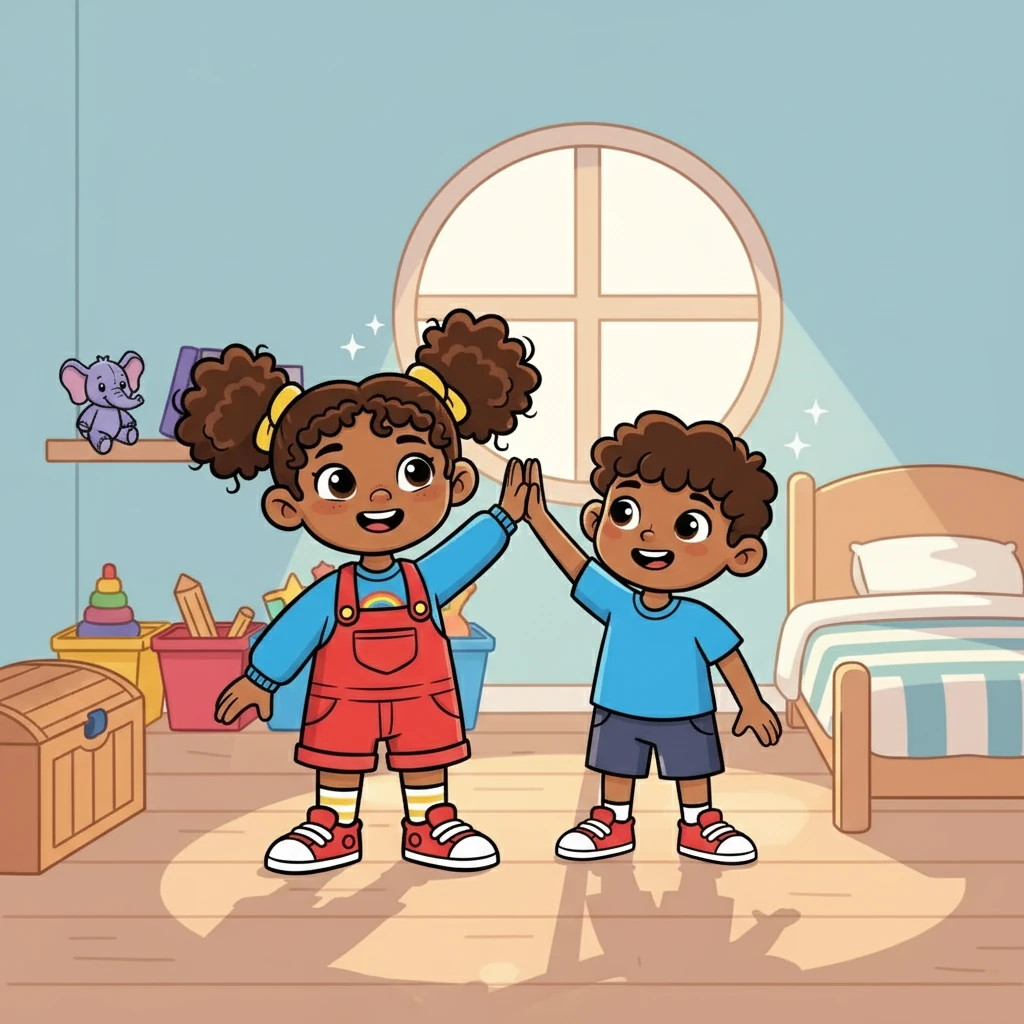 Finally, with their room sparkling clean, Leïla and Leo smiled at each other, proud of their teamwork. They were ready for a well-deserved rest, dreaming of their next playtime adventure.