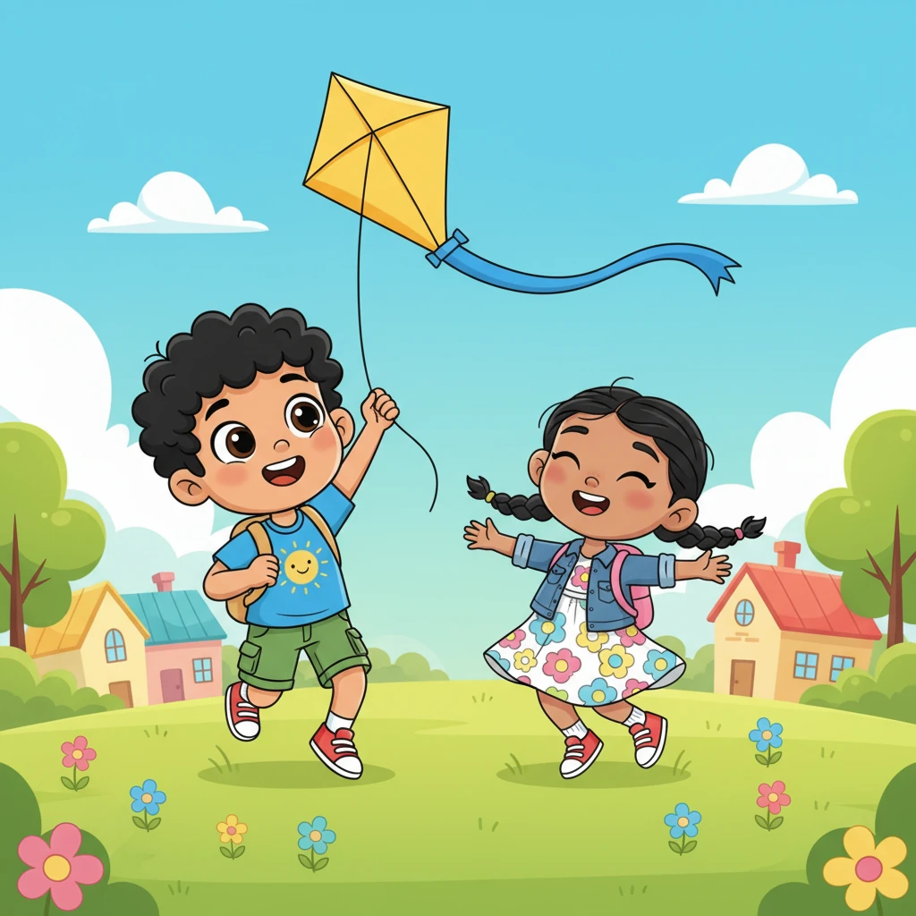 The day was bathed in sunshine, the sky a brilliant blue, and the village shimmered with green grass and cheerful flowers. Aibek and his younger sister, Ainur, played joyfully at the edge of the vibrant village, their laughter echoing lightly.