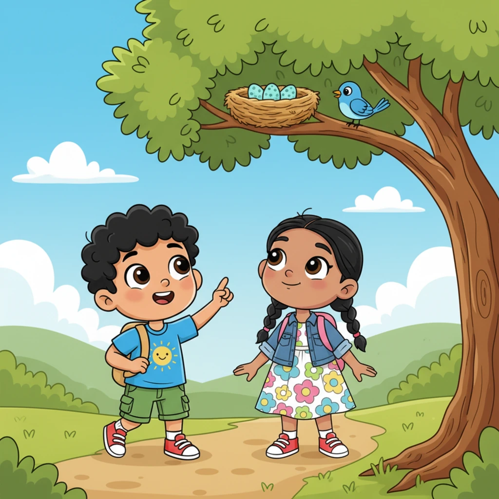 As they explored, their eyes caught a glimpse of something special: a cozy bird's nest perched high in the branches of a tall, leafy tree. With wide-eyed curiosity, they tiptoed closer to investigate this hidden treasure.