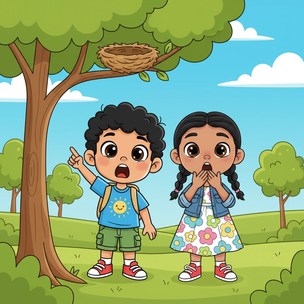 Aibek, peering up at the nest, gasped in surprise. "Ainur, look! The birds have flown away!" he exclaimed, pointing with an exaggerated gesture.