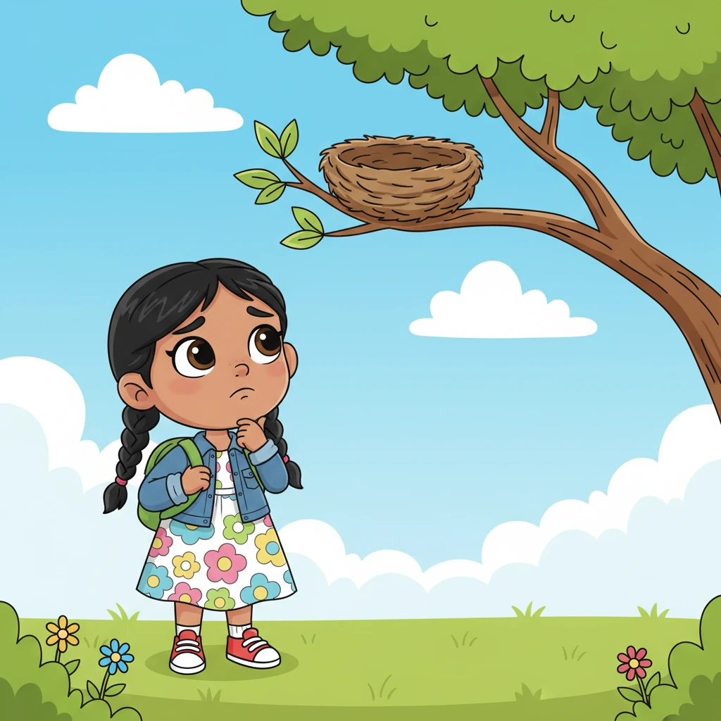 Ainur, with a thoughtful frown, looked at the empty nest. "Yes, the nest is completely empty," she wondered aloud. "Where do you think their mom and dad went?"