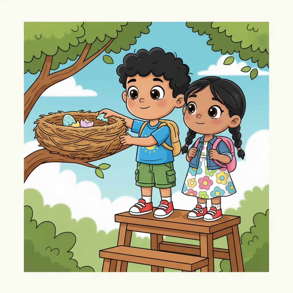 The children carefully reached up and examined the soft, woven nest. Inside, they saw several empty eggshells, hinting at the tiny lives that had once nestled there.