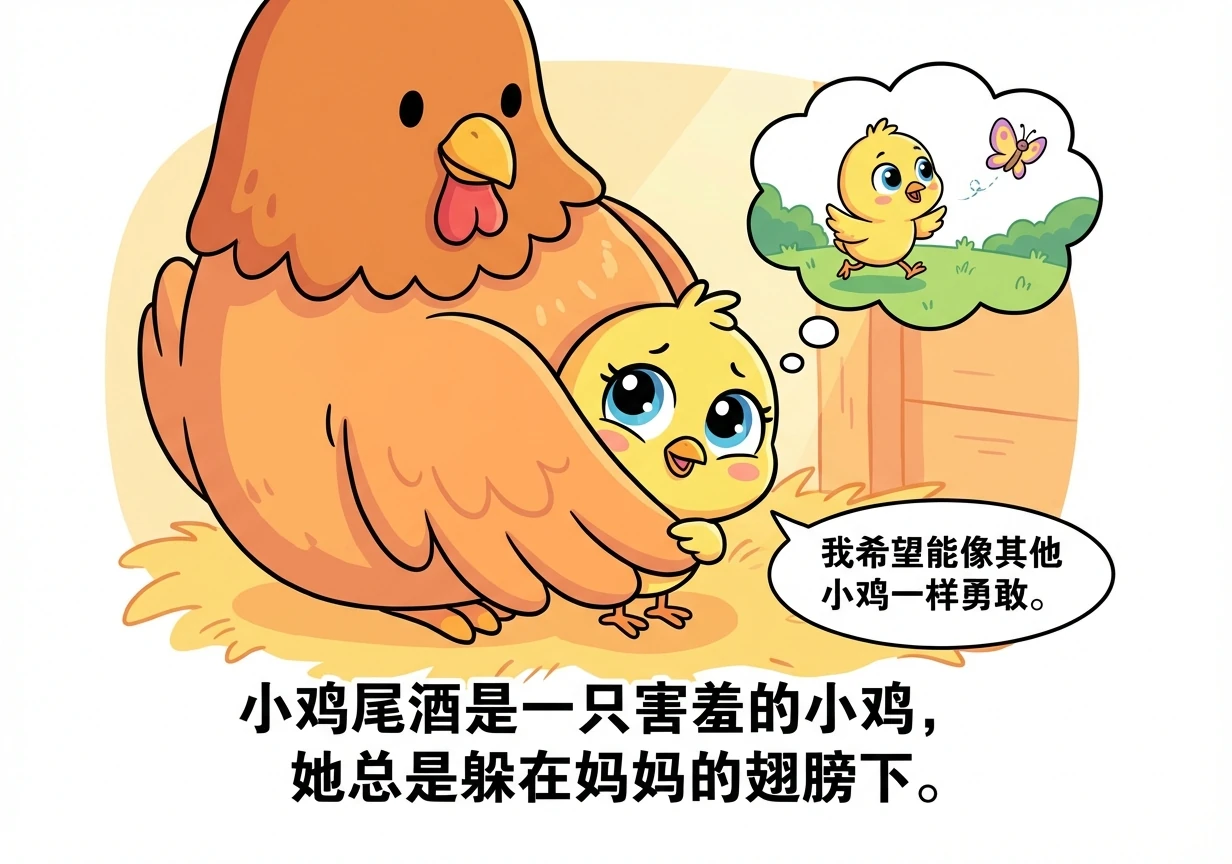 小鸡尾酒是一只害羞的小鸡，她总是躲在妈妈的翅膀下。她梦想着能像其他小鸡一样勇敢地探索世界。