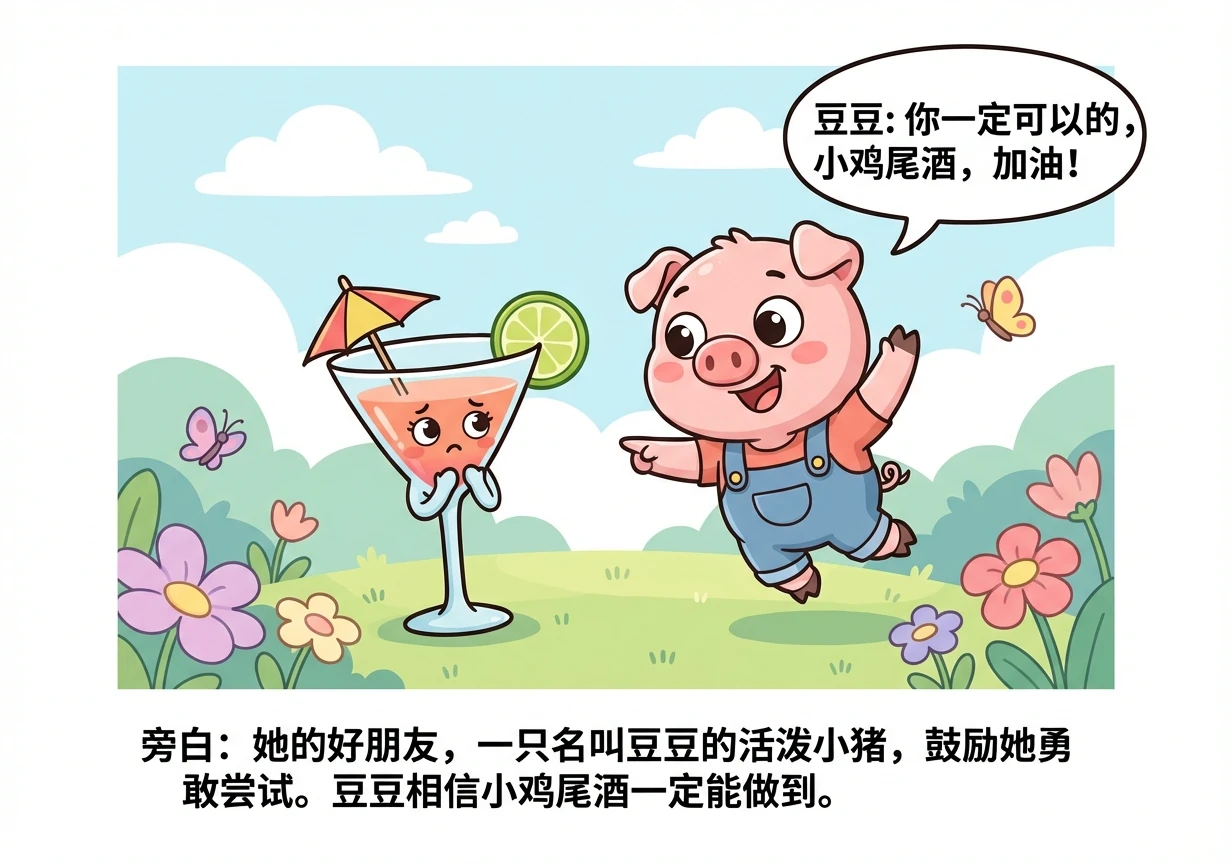 她的好朋友，一只名叫豆豆的活泼小猪，鼓励她勇敢尝试。豆豆相信小鸡尾酒一定能做到。