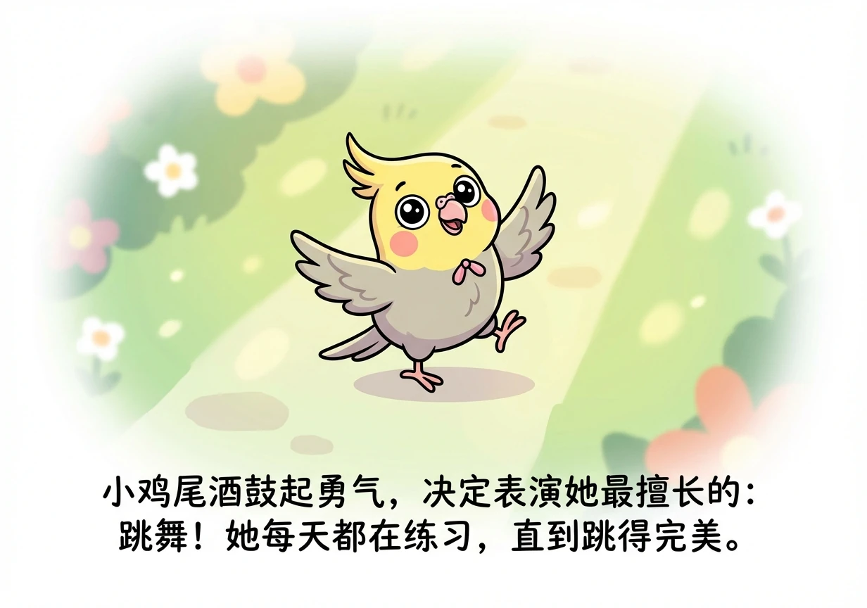 小鸡尾酒鼓起勇气，决定表演她最擅长的：跳舞！她每天都在练习，直到跳得完美。