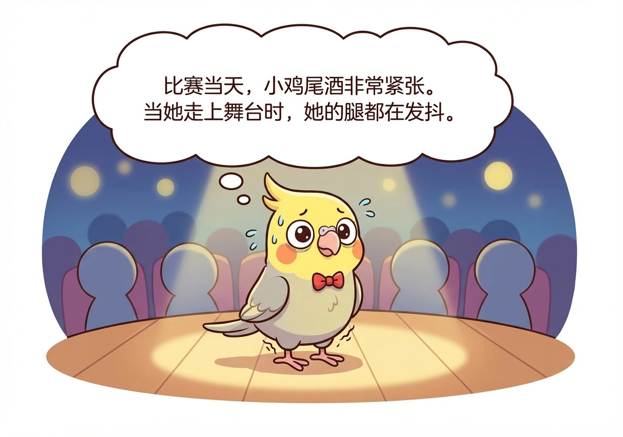 比赛当天，小鸡尾酒非常紧张。当她走上舞台时，她的腿都在发抖。