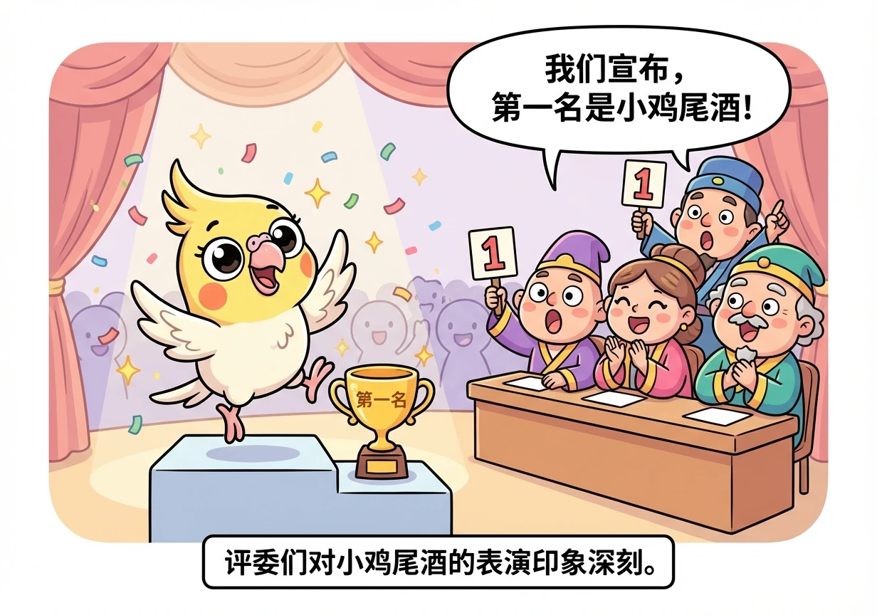 评委们对小鸡尾酒的表演印象深刻。他们宣布她获得了第一名！