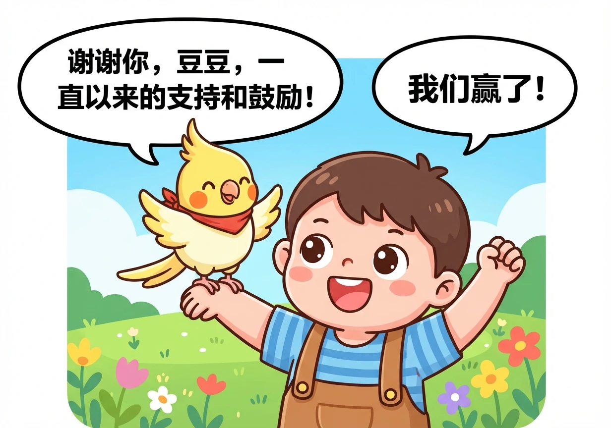 她和豆豆一起庆祝胜利。小鸡尾酒感谢豆豆一直以来的支持和鼓励。