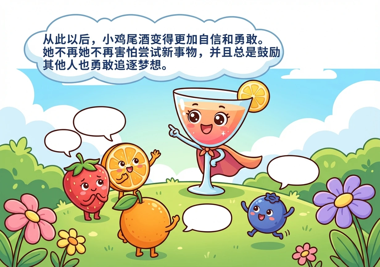 从此以后，小鸡尾酒变得更加自信和勇敢。她不再害怕尝试新事物，并且总是鼓励其他人也勇敢追逐梦想。