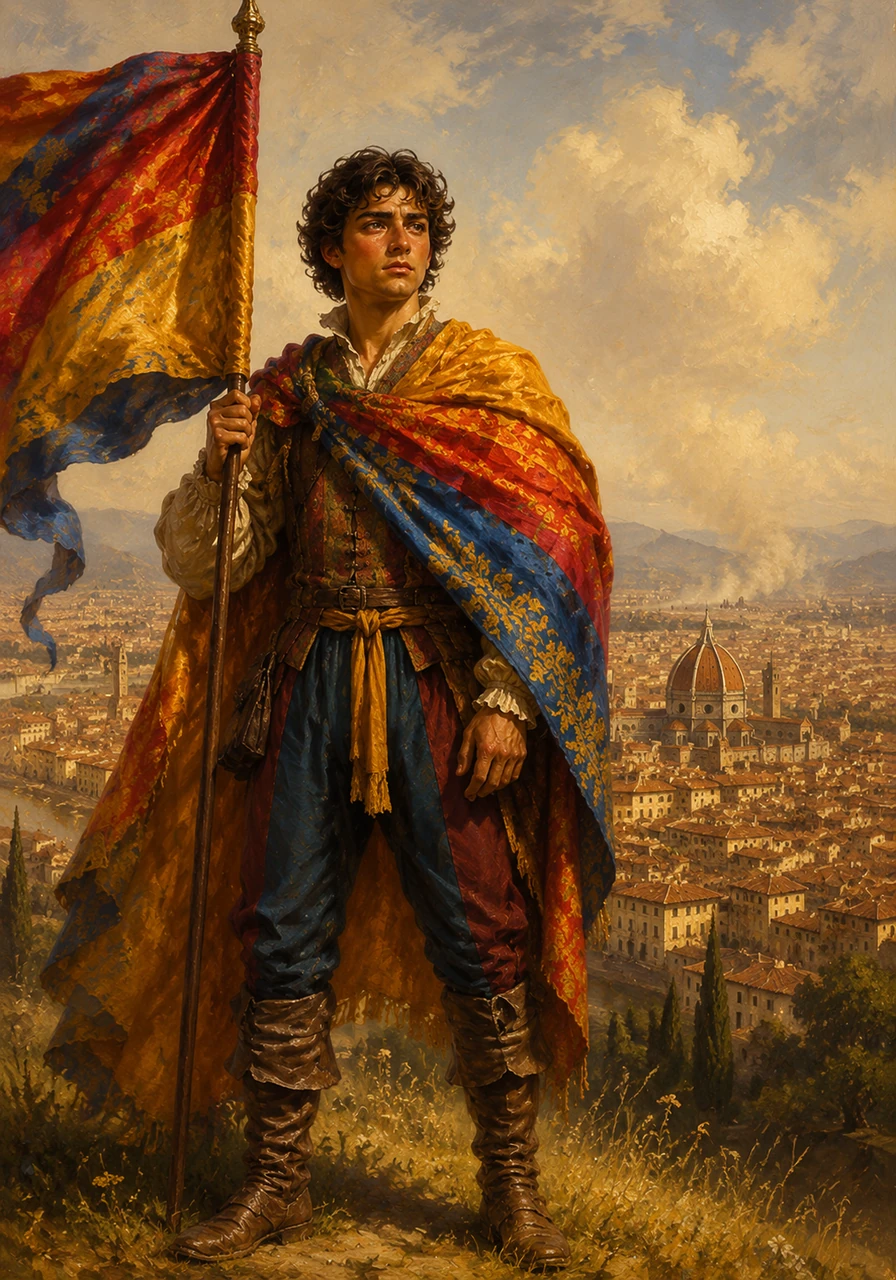 Matteo stands on a hill overlooking the beautiful, sun-drenched city of Florence, holding a brilliant silk banner he helped weave. In the distance, dust rises from the roads as rumors of invading foreign armies spread through the vibrant marketplace, threatening the peace of the Italian states.
