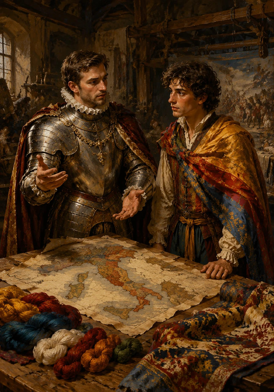 Inside a bustling workshop, Matteo listens intently as his master explains how France and Spain are turning Italy into a giant battlefield for European supremacy. Maps of the divided peninsula lie scattered across the wooden table, surrounded by colorful threads and half-finished tapestries.