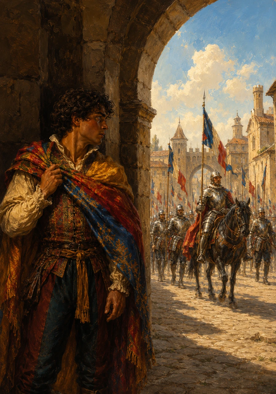 The grand plaza fills with tension as French soldiers march through the city gates, their armor gleaming under the Tuscan sun. Matteo watches from a stone archway, realizing his home is no longer safe from the ambitions of distant kings.