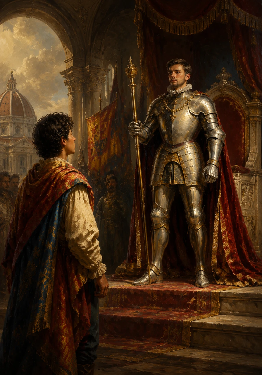 Years pass, and a young, powerful ruler named Charles V ascends to the Spanish throne, inheriting a vast empire that demands control over Italy. Matteo, now a young man, travels to Rome, witnessing the dramatic shifts in power as Spanish influence begins to overshadow the French forces.