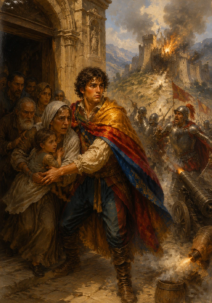 Imperial soldiers loyal to Charles V clash with local defenders outside the thick stone walls of a historic fortress. Matteo helps shelter terrified citizens inside a monastery, listening to the thunderous boom of early cannons echoing through the valley.