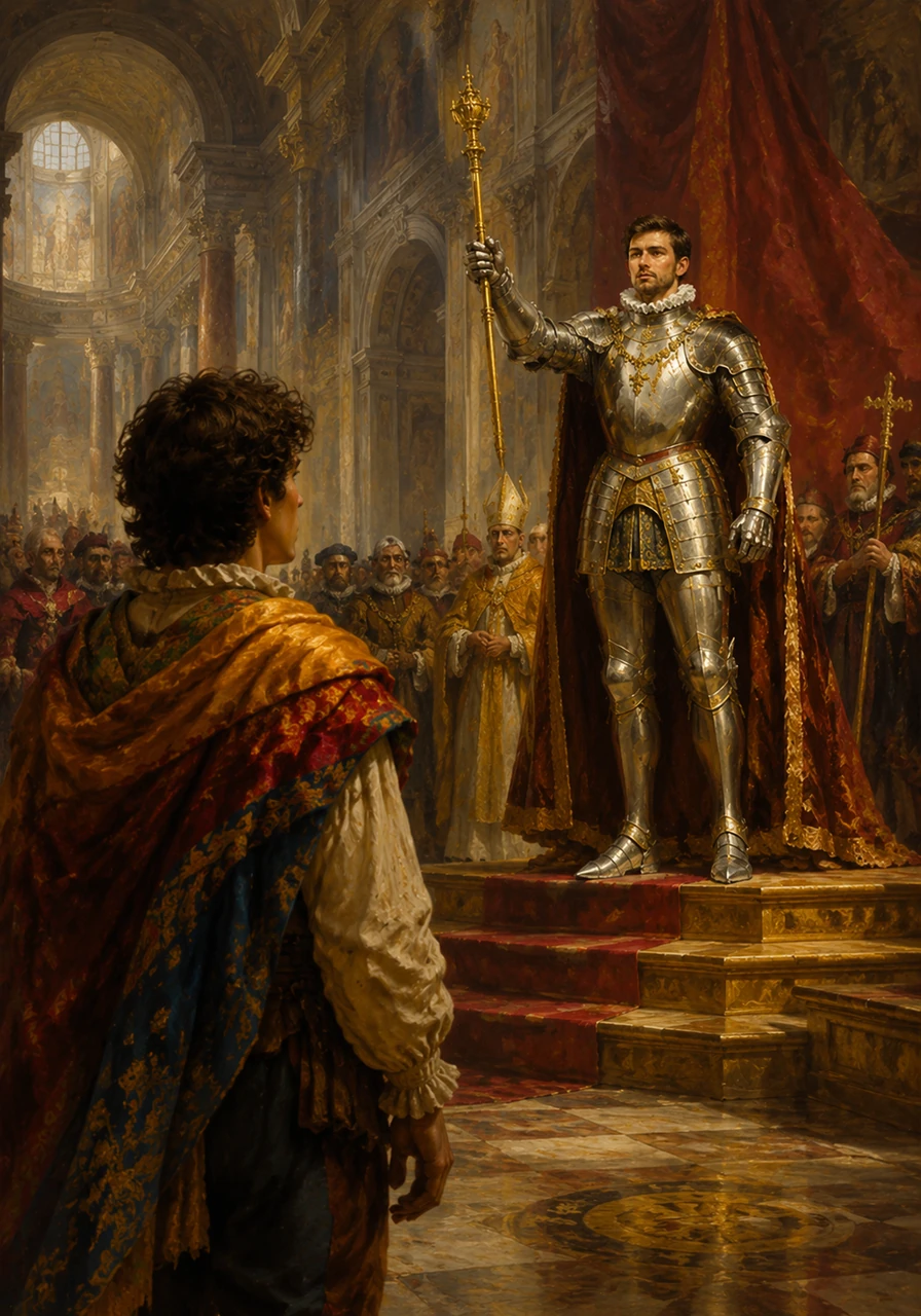 Charles V stands victorious in a grand hall, surrounded by shining silver armor and holding a golden scepter that symbolizes his undisputed dominance over the Italian lands. Matteo watches the coronation from the crowd, recognizing that a new era of Spanish rule has officially begun.