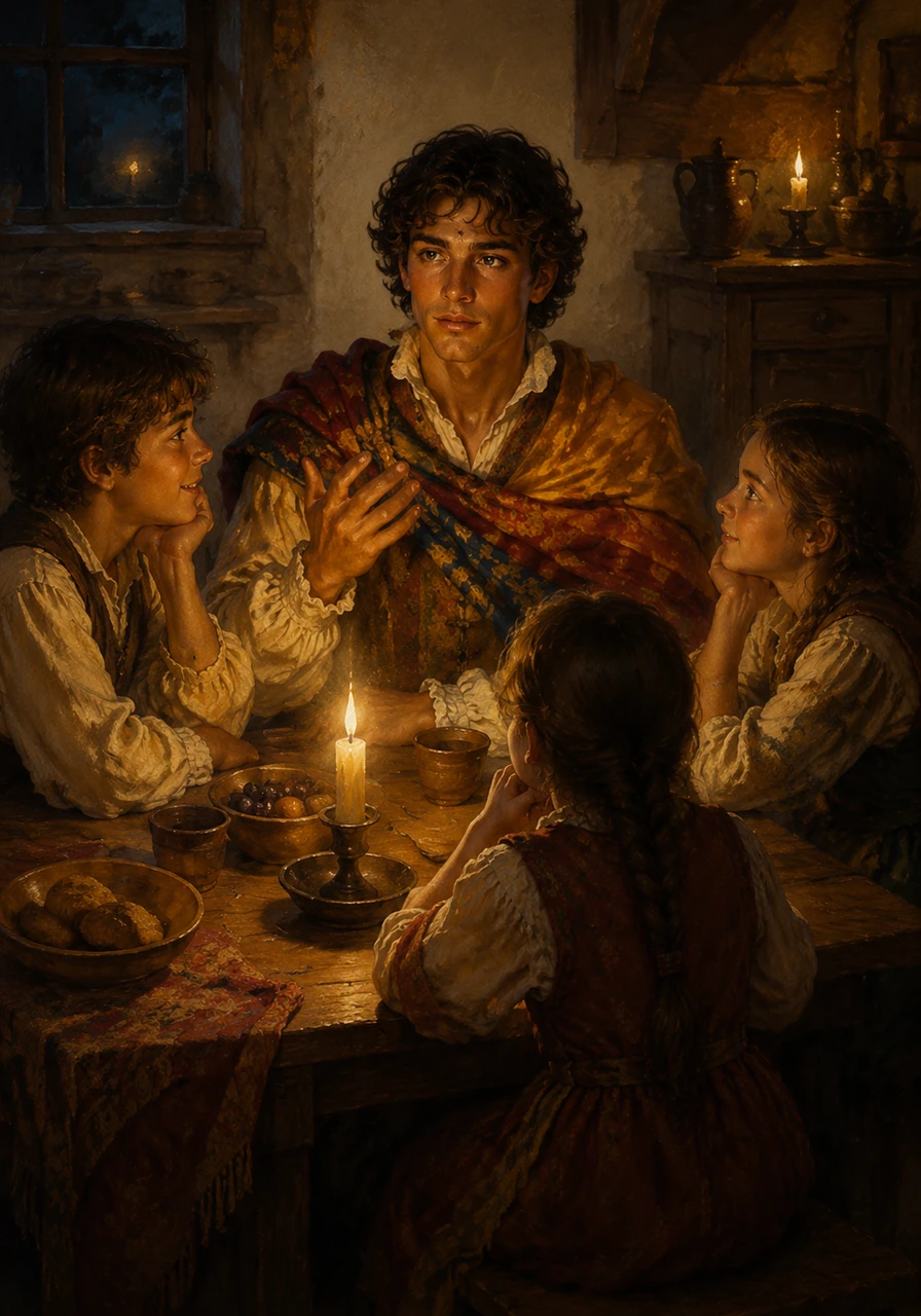 At a lively family dinner, Matteo shares stories of his travels with his younger siblings, explaining how the treaty of Cateau-Cambrésis finally brought peace, even if it meant living under Spanish control. The warm candlelight illuminates their hopeful faces as they look toward a stable future.