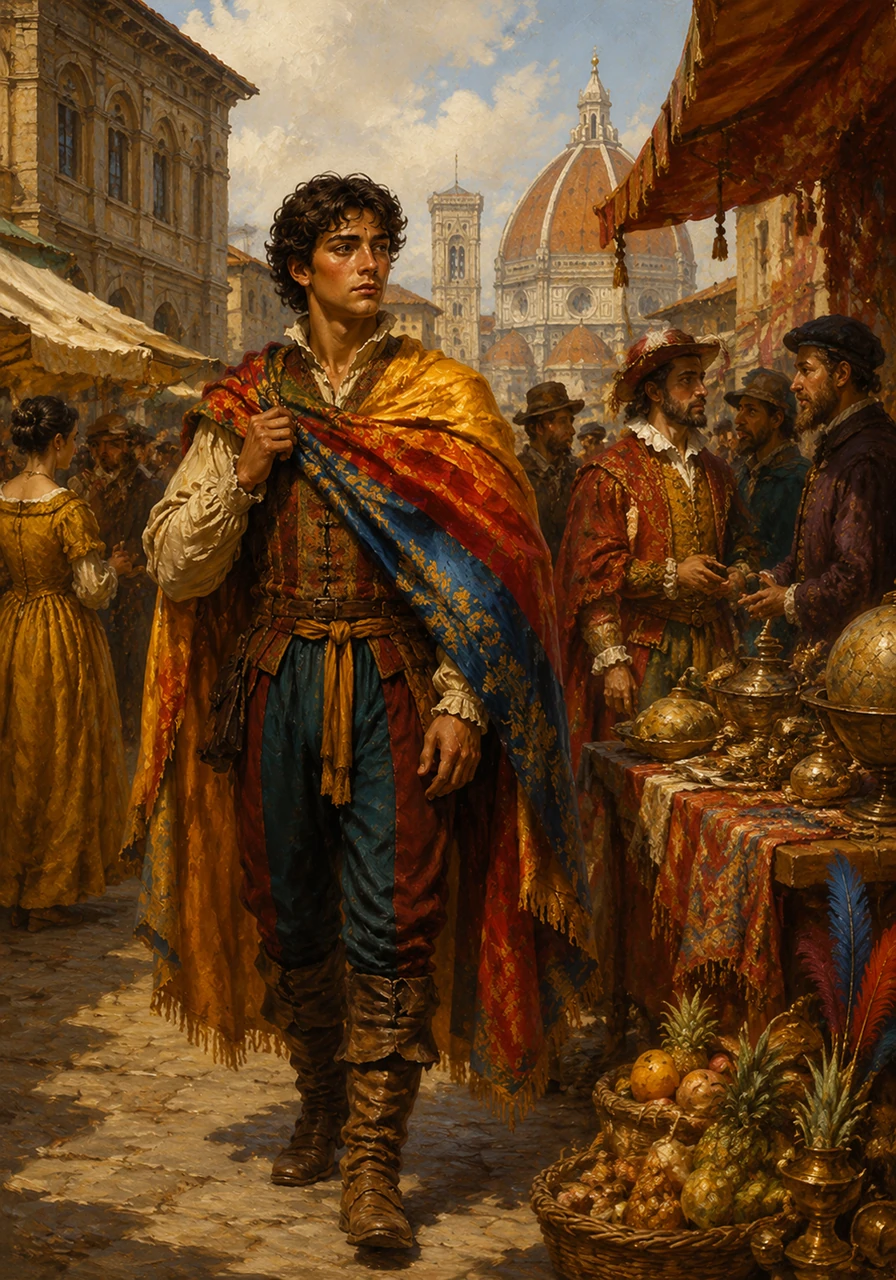 Matteo walks through a peaceful Florentine market, observing how Spanish fashions and customs have blended with local traditions over the decades. Merchants sell exotic goods from the New World, showing how Italy is now connected to a global empire.