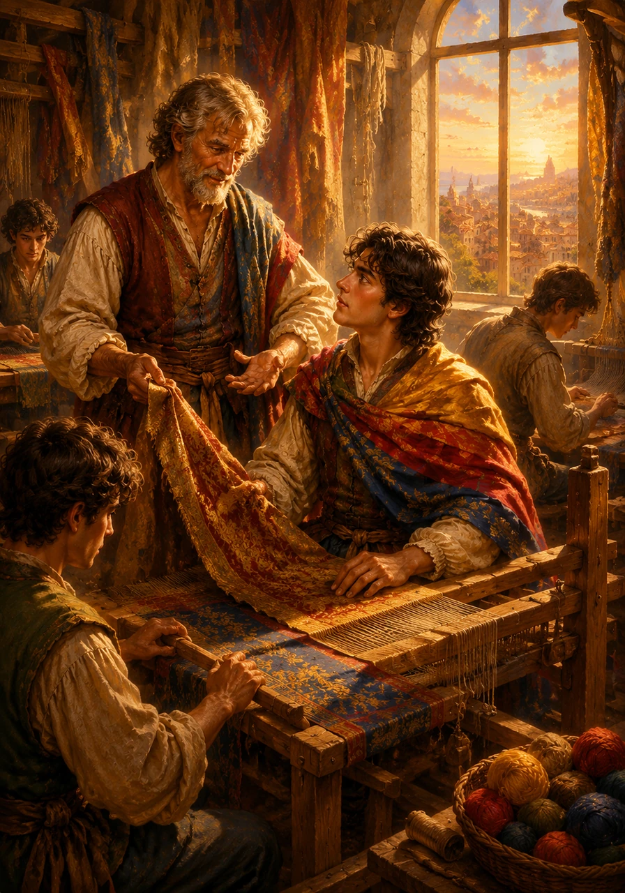 Matteo stands in his own bustling textile workshop, teaching a new generation of apprentices how to weave the complex history of their land into beautiful fabrics. The sun sets over a calm, united town, leaving a legacy of resilience, art, and endurance for the future.