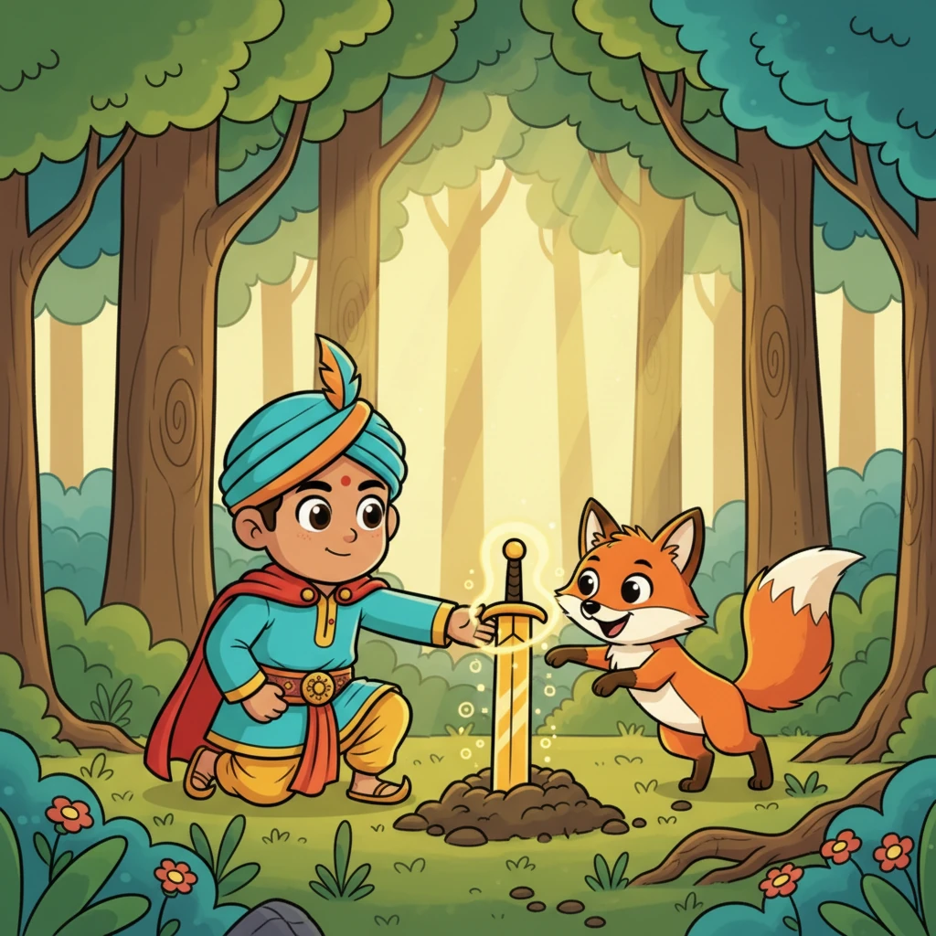 एक धूप वाले दिन, 12 साल का बहादुर अर्जुन अपनी चंचल दोस्त, बातूनी लोमड़ी लाली के साथ रहस्यमयी जंगल में खेल रहा था। अचानक, पेड़ों के बीच से एक सुनहरी चमक निकली, और अर्जुन ने मिट्टी में दबी एक चमकती हुई तलवार देखी, जो उसे अपनी ओर खींच रही थी।