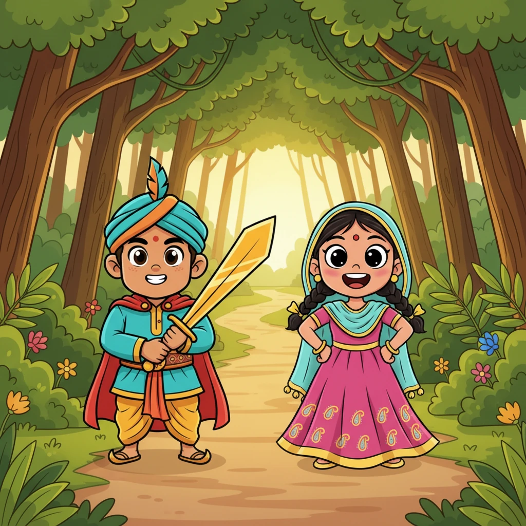 अर्जुन ने बहादुरी से तलवार पकड़ी, और लाली उसकी बगल में खड़ी थी, दोनों की आँखों में दृढ़ संकल्प था। उन्होंने मिलकर कालराज को रोकने और राज्य को बचाने का फैसला किया। उनकी महान साहसिक यात्रा अब शुरू हो चुकी थी, जंगल का रास्ता उनके सामने फैला हुआ था।