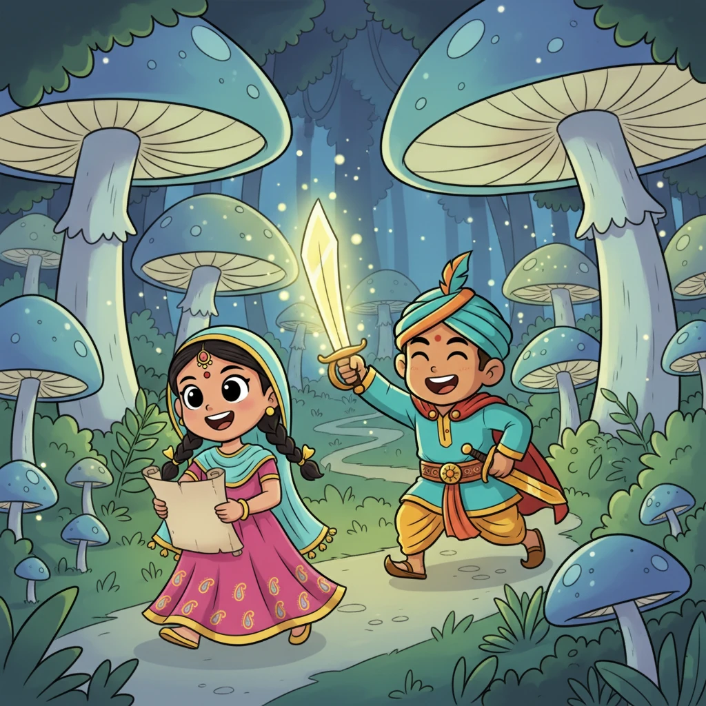 गहरे जंगल में, अर्जुन और लाली को एक जादुई भूलभुलैया का सामना करना पड़ा जिसमें चमकते हुए मशरूम थे। लाली ने अपनी तेज़ सूझबूझ का इस्तेमाल किया, जबकि अर्जुन ने तलवार की रोशनी से रास्ता दिखाया, और वे हँसते हुए उस भूलभुलैया से बाहर निकल गए।