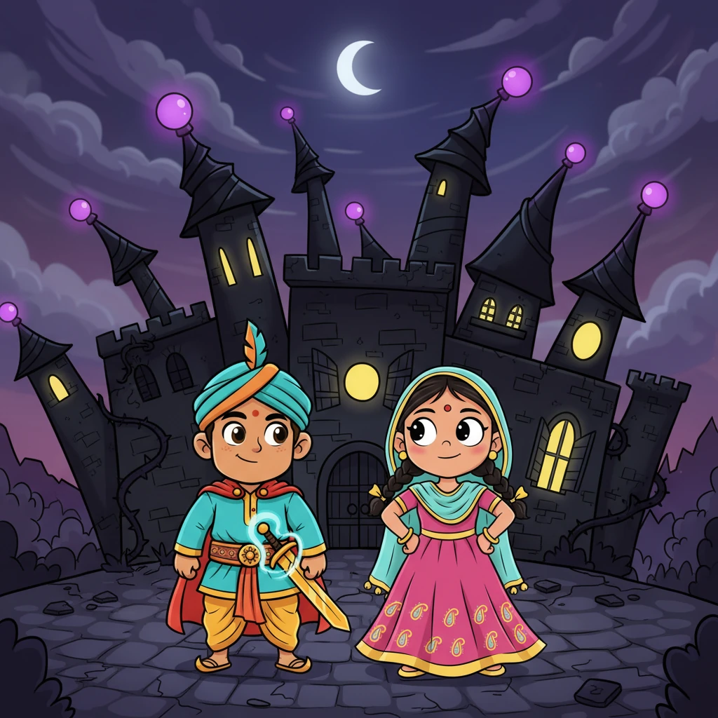 उन्होंने आखिरकार कालराज के महल के बाहर कदम रखा। महल काला और डरावना लग रहा था, लेकिन उसकी मीनारें टेढ़ी-मेढ़ी और अजीबोगरीब थीं, जैसे किसी कार्टून की। अर्जुन और लाली ने एक-दूसरे की ओर देखा, उनके चेहरों पर थोड़ी घबराहट लेकिन बहुत सारा साहस था।