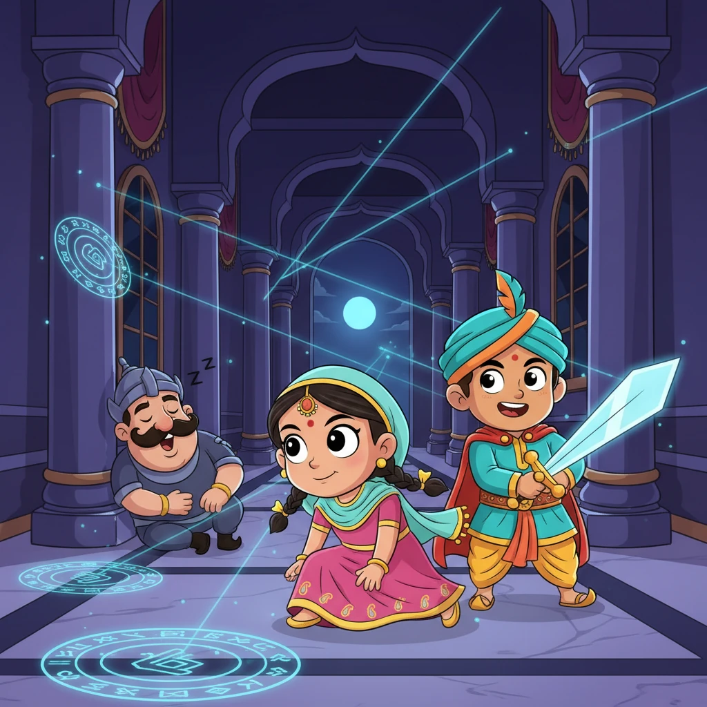 वे चुपचाप महल में घुस गए, लाली अपनी फुर्ती से फुर्ती से सरक रही थी और अर्जुन जादुई तलवार को कसकर पकड़े हुए था। उन्हें सोते हुए पहरेदारों और अजीबोगरीब जादुई जाल से बचना पड़ा, जिससे महल के अंदर की हवा रहस्यमयी लग रही थी।