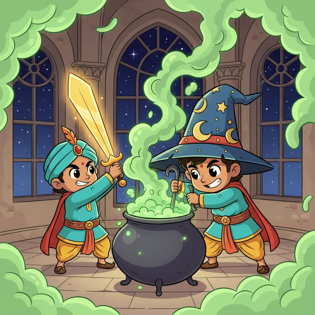 महल के सबसे ऊँचे कमरे में, उन्होंने कालराज को पाया, जो एक विशालकाय कड़ाही में कुछ अजीबोगरीब घोल मिला रहा था, जिससे हरे रंग का धुआँ निकल रहा था। कालराज एक अजीबोगरीब टोपी पहने हुए था और उसकी आँखें शरारती थीं। अर्जुन ने तलवार ऊपर उठाई, उसकी चमक से कमरा जगमगा उठा।