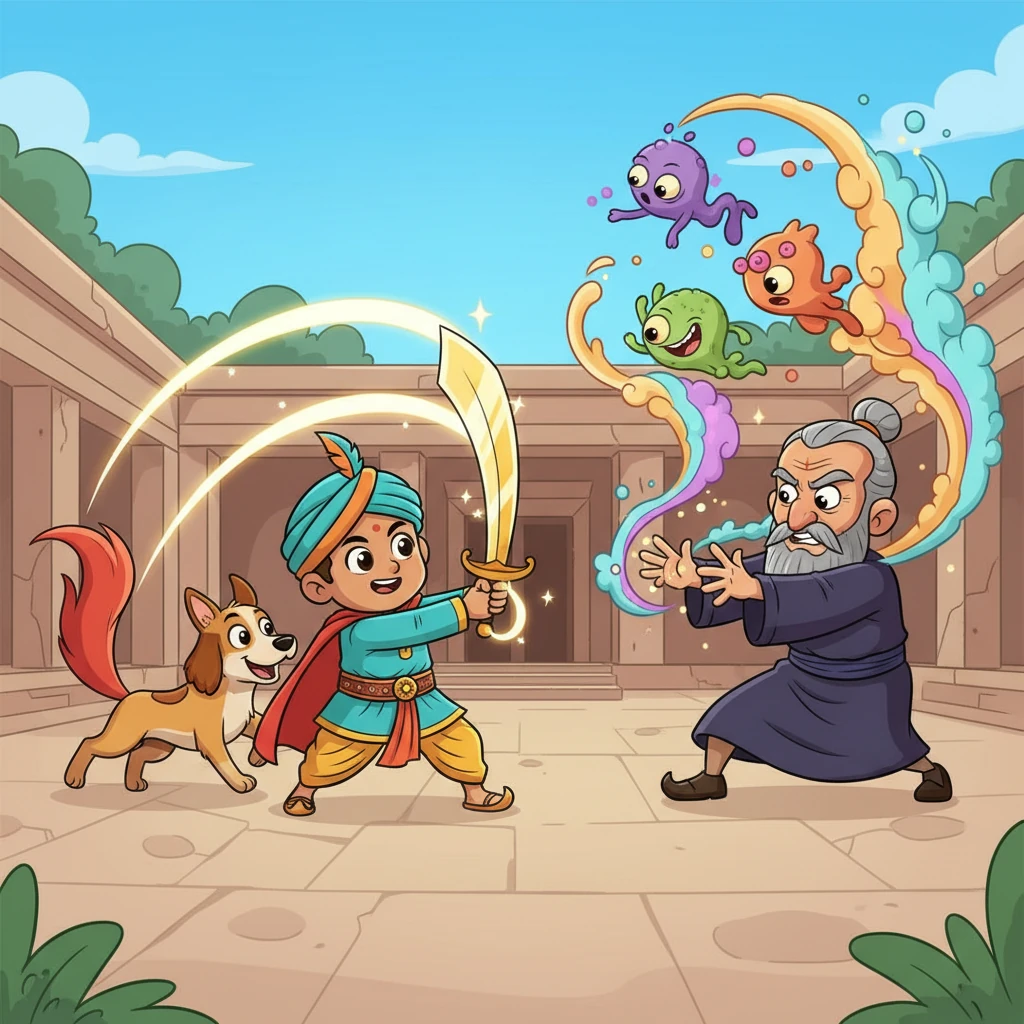 एक ज़ोरदार लड़ाई शुरू हो गई! कालराज ने अजीबोगरीब मंत्र फेंके, जिससे रंगीन धुआँ और अजीबोगरीब जीव निकले। अर्जुन ने अपनी जादुई तलवार को घुमाया, जिससे रोशनी की किरणें निकलीं, और लाली अपनी पूंछ हिलाते हुए दुश्मनों को विचलित कर रही थी।