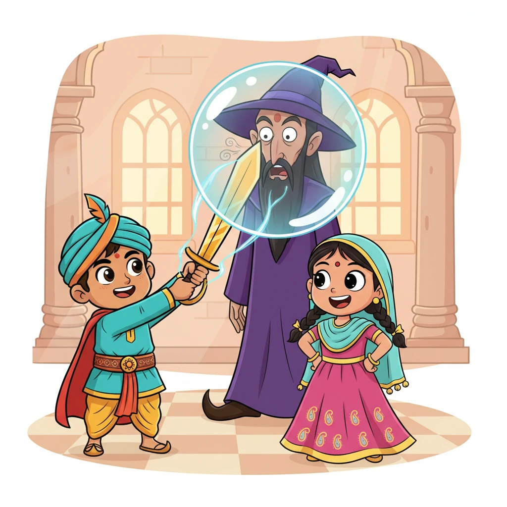 अपनी बहादुरी और लाली की चतुराई से, अर्जुन ने कालराज के सबसे शक्तिशाली मंत्र को उसकी ओर मोड़ दिया। जादूगर एक चमकदार बुलबुले में फंस गया, और उसकी दुष्ट हँसी एक छोटी सी फुसफुसाहट में बदल गई, जिससे वह पूरी तरह से शक्तिहीन हो गया।