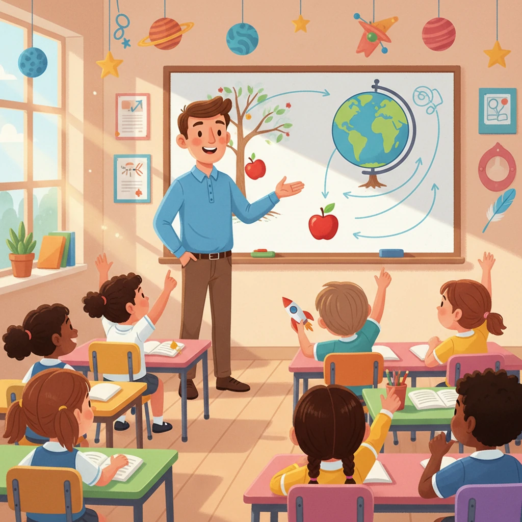 Di dalam bilik darjah yang ceria, Cikgu Ezrul berdiri di hadapan kelas, dengan senyuman mesra di bibirnya. Dia memperkenalkan topik hari ini: Kegravitian. Murid-murid kelihatan teruja untuk mengetahui lebih lanjut tentang bab baru ini.