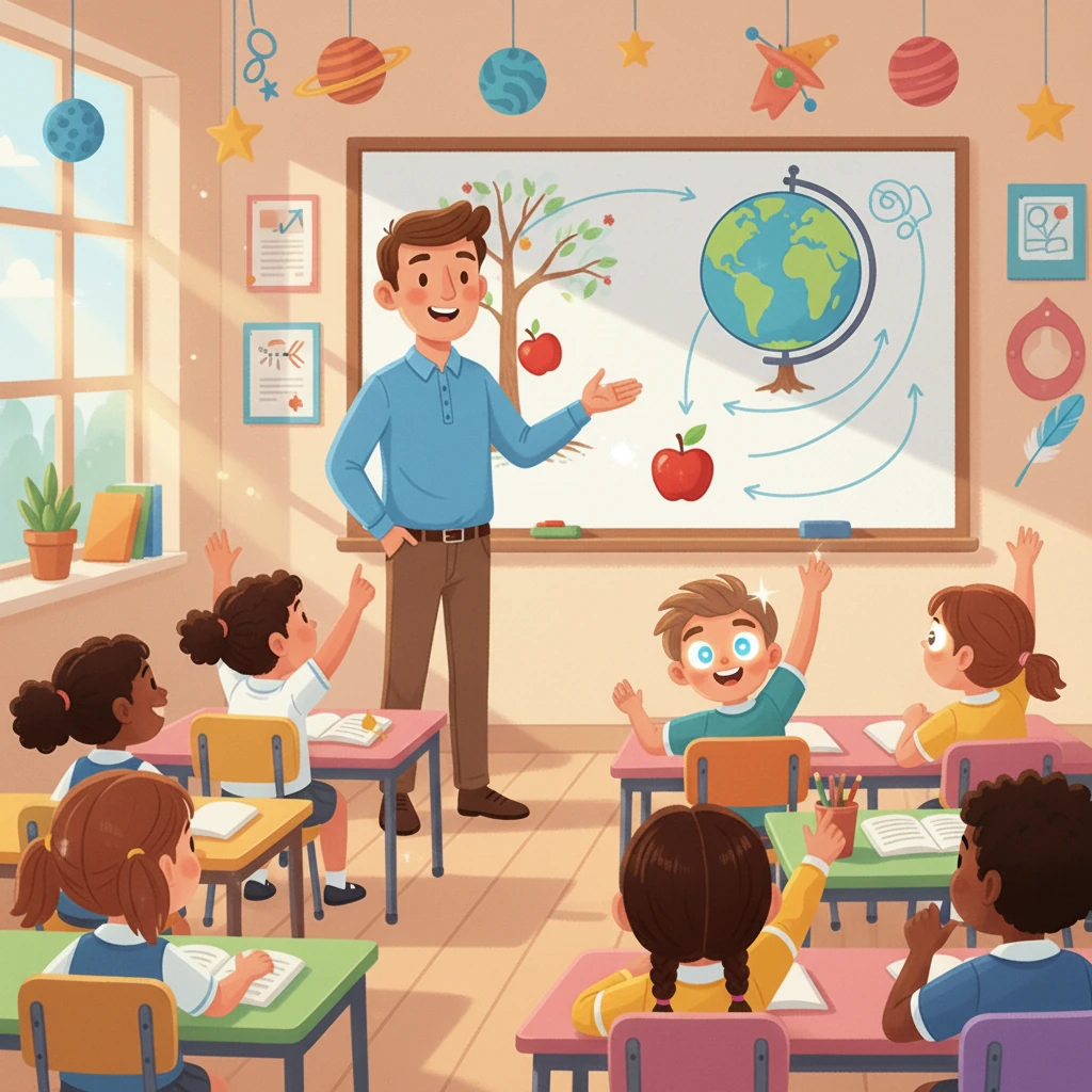 Naufal mengangkat tangan, matanya bersinar dengan minat. Dia bertanya, “Eh, sebab bumi ada tarikan graviti kan cikgu?” Cikgu Ezrul mengangguk, memuji semangat ingin tahu Naufal dan memulakan penerangan tentang graviti.