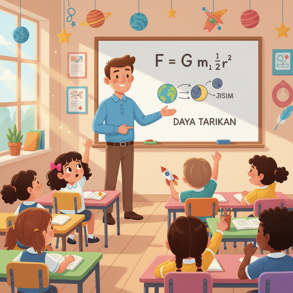Indah, dengan wajah ingin tahu, bertanya tentang perkaitan jisim dan graviti. Cikgu Ezrul menjelaskan formula graviti, F = G m₁m₂ / r², dan bagaimana ia berkaitan dengan kekuatan daya tarikan.