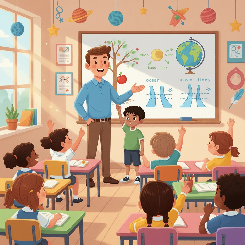 Asyraf bertanya tentang kesan graviti pada bulan dan bumi, mengaitkannya dengan fenomena pasang surut air laut. Cikgu Ezrul memuji pengetahuan Asyraf dan menerangkan bagaimana tarikan graviti bulan menyebabkan air laut naik dan turun.