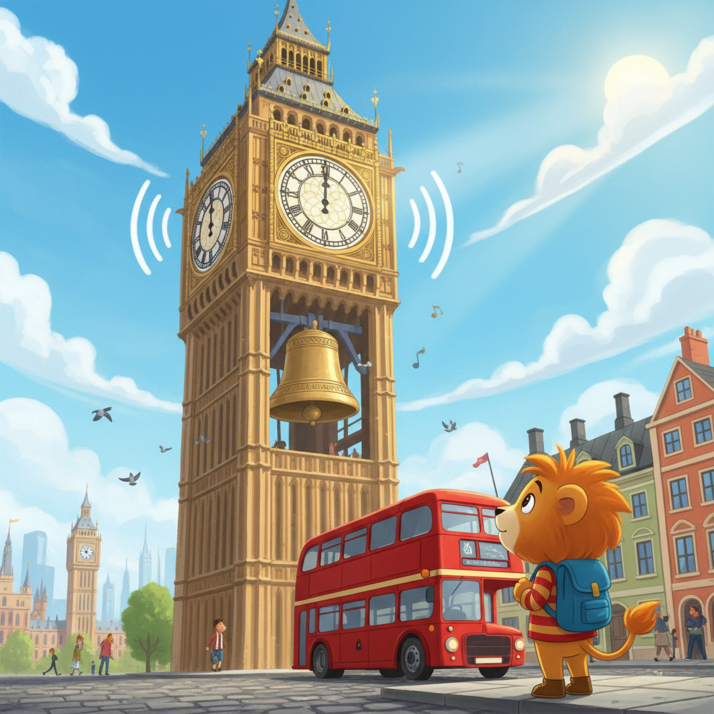 The bus stops near a giant clock tower that reaches high into the sky. Leo learns that Big Ben is actually the name of the heavy bell inside, not the tower itself. The clock face is huge, gold, and very beautiful. It rings loudly to tell everyone in London what time it is.