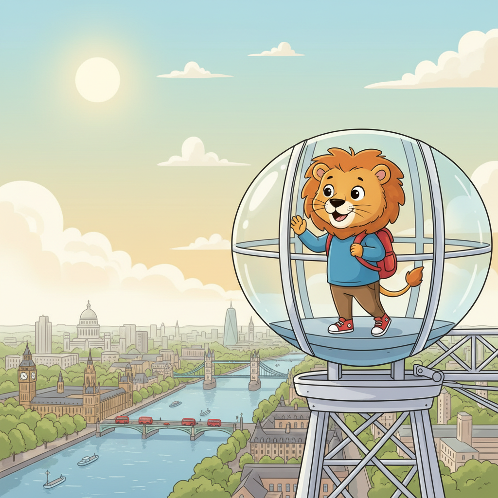 Leo walks to the River Thames to ride the London Eye, a giant observation wheel. He steps into a glass pod that slowly lifts him high above the ground. From the top, he can see the entire city stretching out to the horizon. It is the most popular tourist attraction in the United Kingdom.