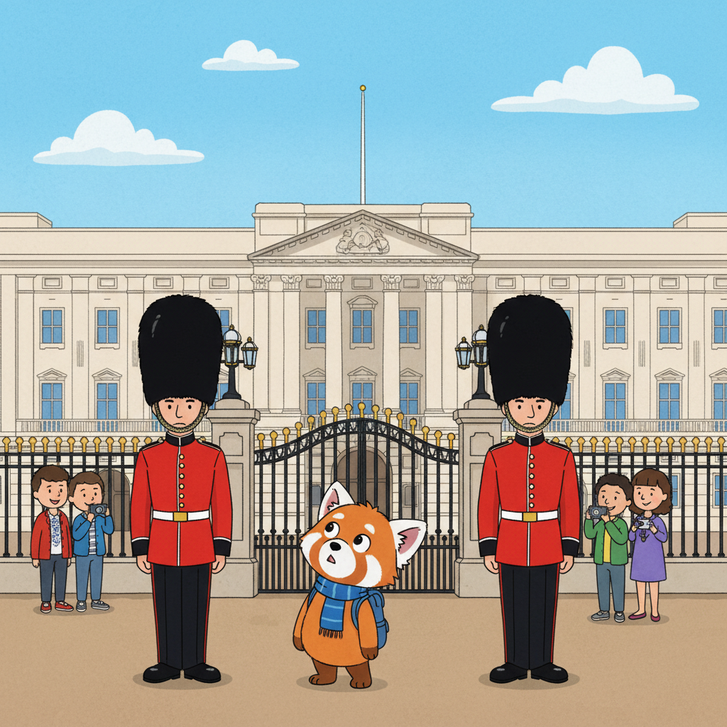 Next, Leo visits Buckingham Palace, the official home of the British monarch. He sees the Royal Guards wearing bright red jackets and tall, furry black hats. They stand perfectly still and protect the palace gates without moving. Leo wonders if they ever smile at the tourists.