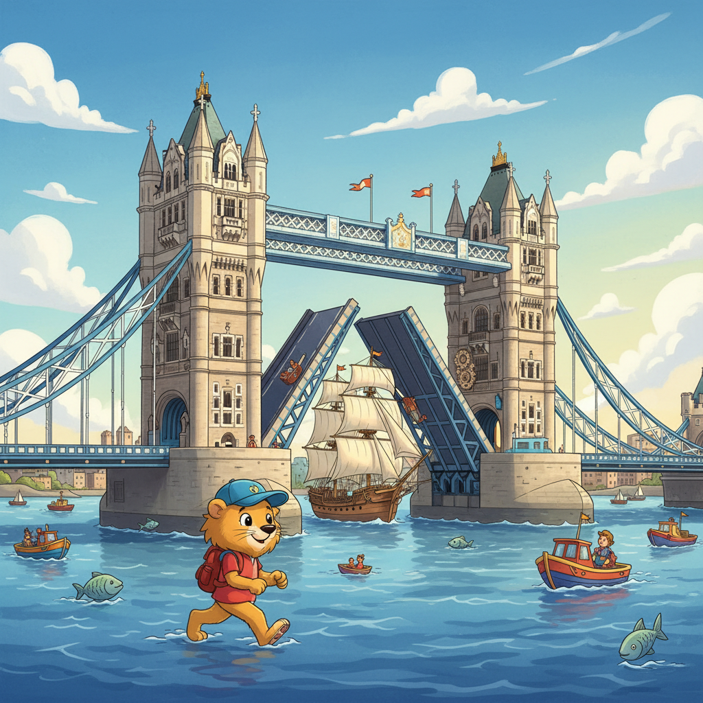 Leo walks across the Tower Bridge, which looks like a magnificent stone castle floating on the water. This bridge is special because the road in the middle can lift up. When it opens, tall ships can sail underneath it safely. It is a true masterpiece of engineering.